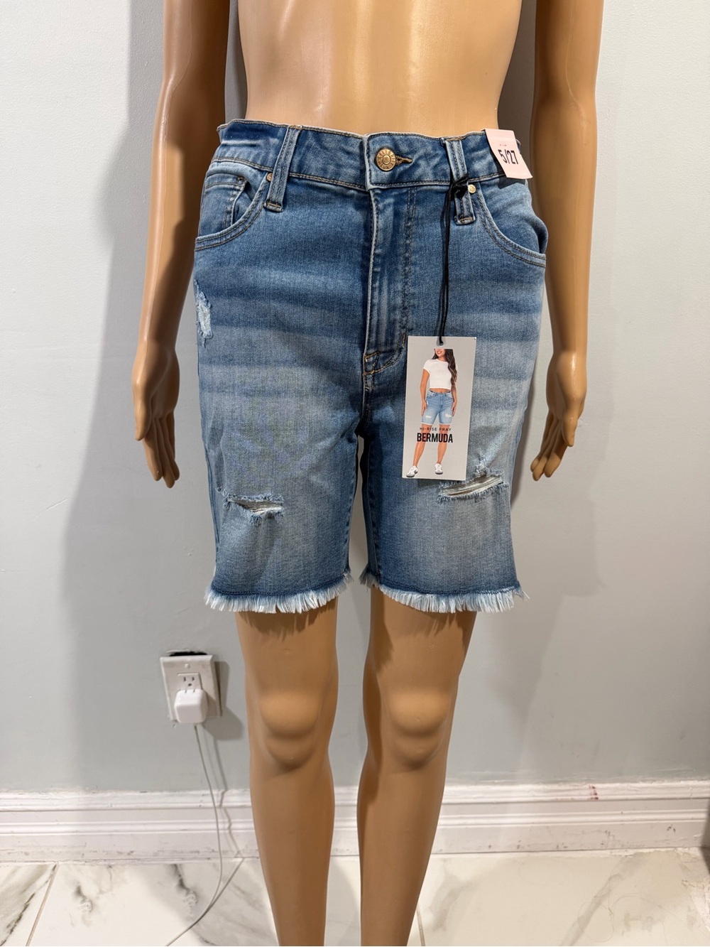 Celebrity Pink Distressed Light Blue Denim Bermuda Shorts